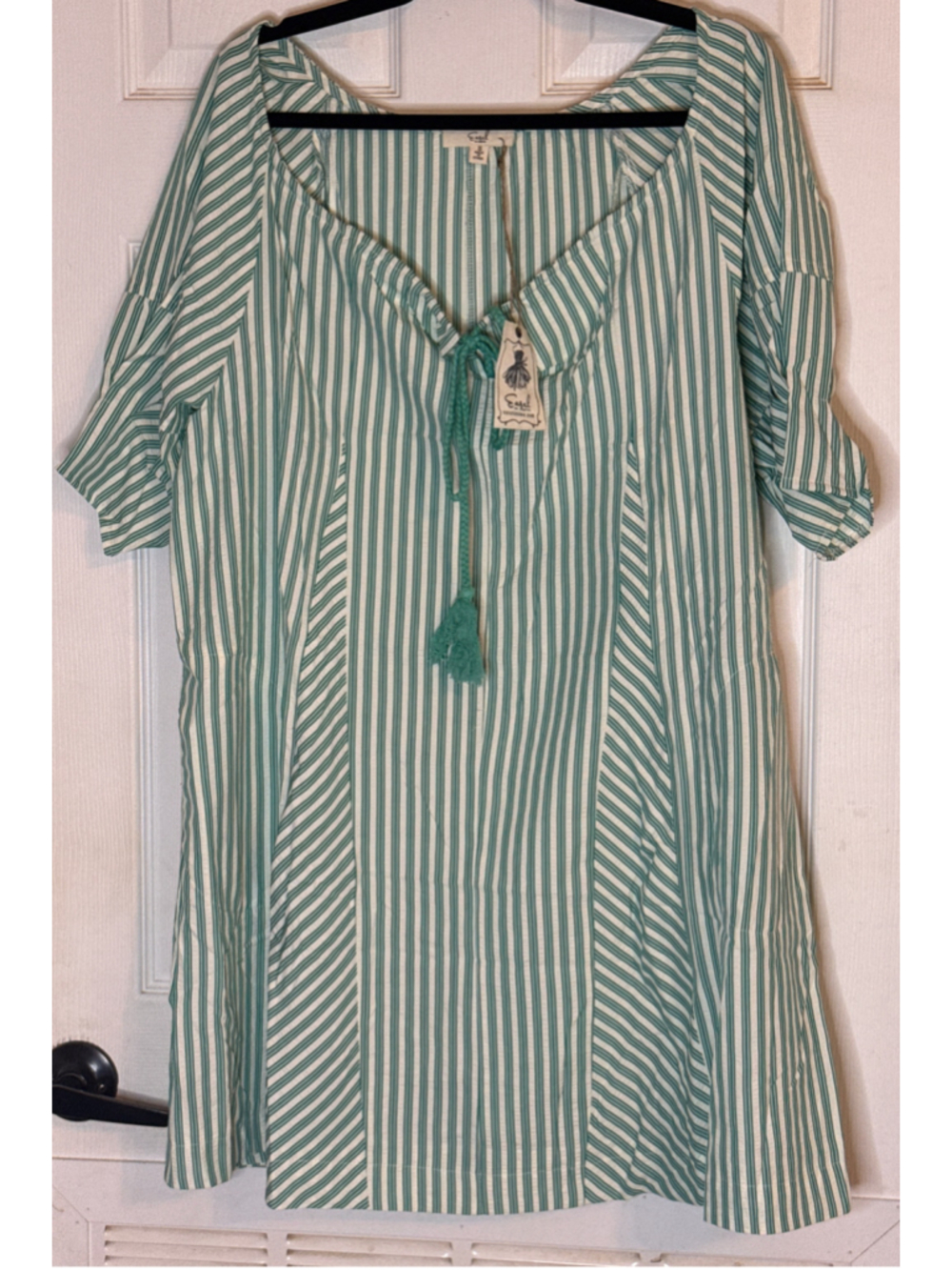 Easel Dress Size S Green White Striped Tassel Neck Top